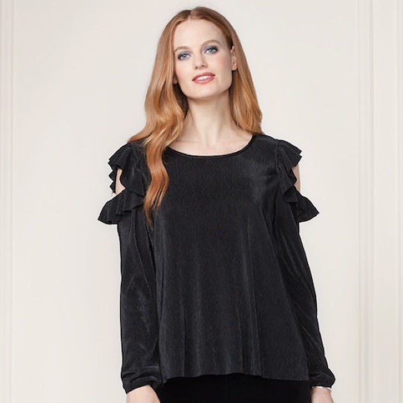 LC LAUREN CONRAD RUNWAY Top Ruffle Pleated Long Sleeves Black Small - Picture 1 of 4